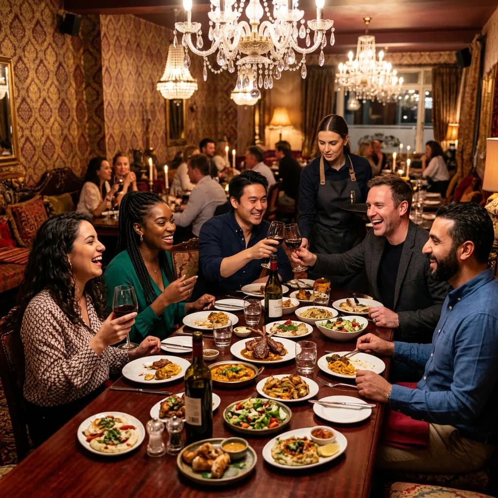 A group of six diverse friends laugh and clink wine glasses while enjoying a meal at a long table in an ornately decorated restaurant.