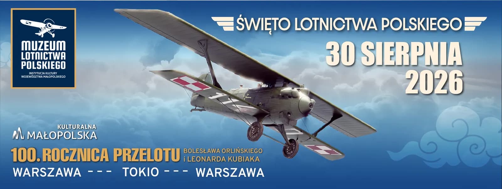 A vintage biplane with Polish markings on its wings flies across a blue sky with clouds, alongside text promoting the Polish Aviation Museum and the 100th anniversary of a flight from Warsaw to Tokyo and back.