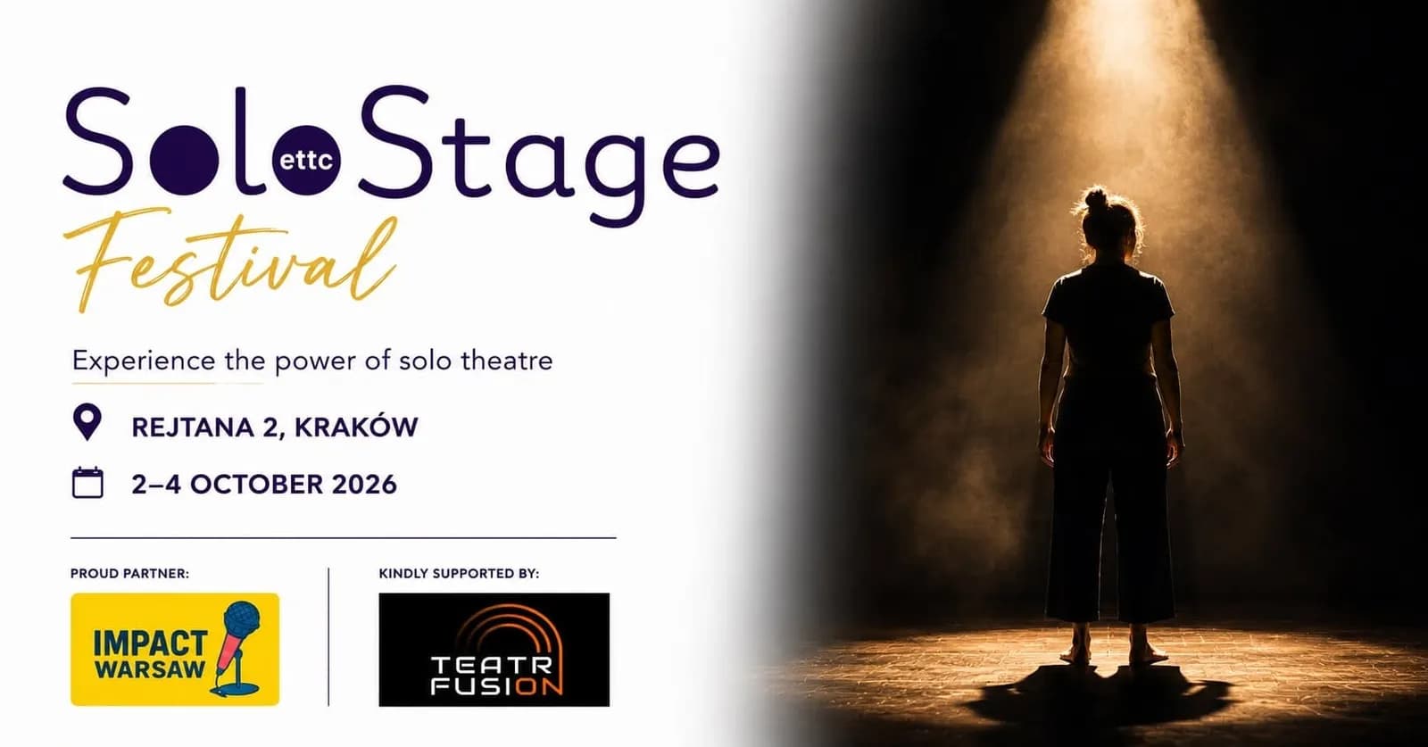 A person standing on a stage, seen from behind, illuminated by a bright spotlight from above, with event details for the SoloStage Festival on the left.